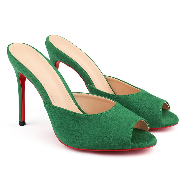 100mm Women's Sandals Pointed Toe Mules Red Bottom Heels Slip on Stilettos Suede Shoes VOCOSI VOCOSI