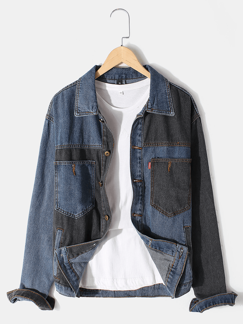 Mens Patchwork Multi Pocket Lapel Distressed Denim Jacket