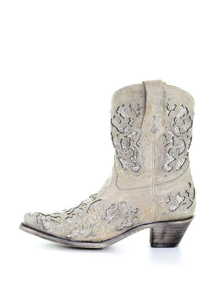 White Glittery Inlay Crystal Snip Toe Slanted Heel Western Booties