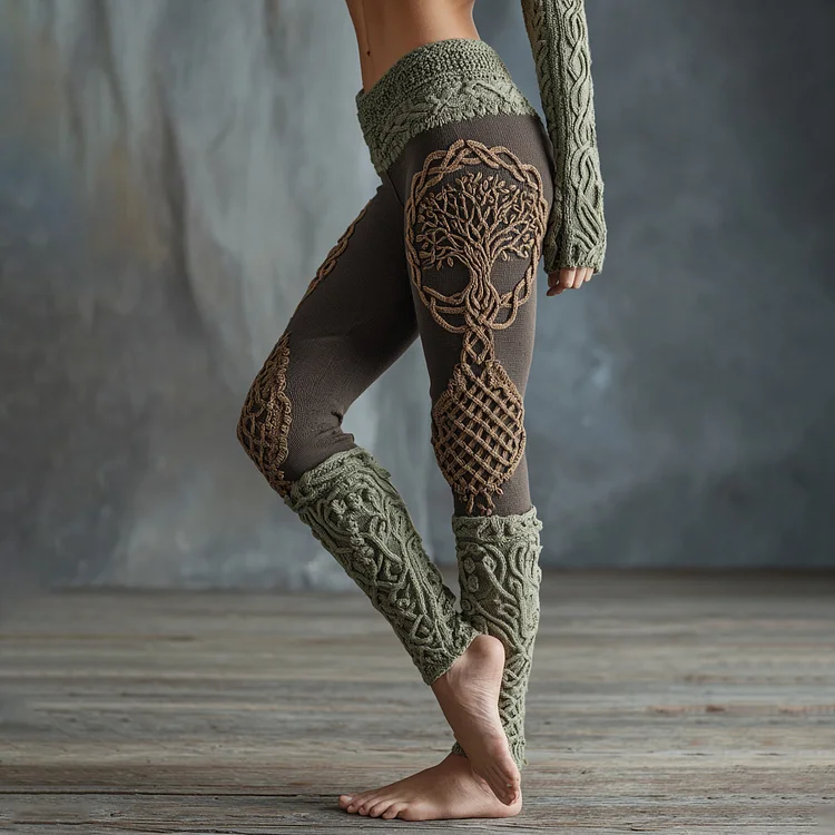 Vintage Tree Of Life Pattern Celtic Knit Cozy Leggings