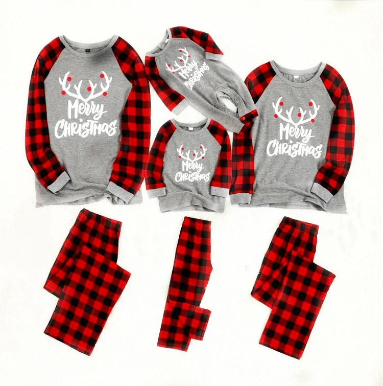 Merry Christmas Antler Letter Print Plaid Design Family Matching Pajamas Sets