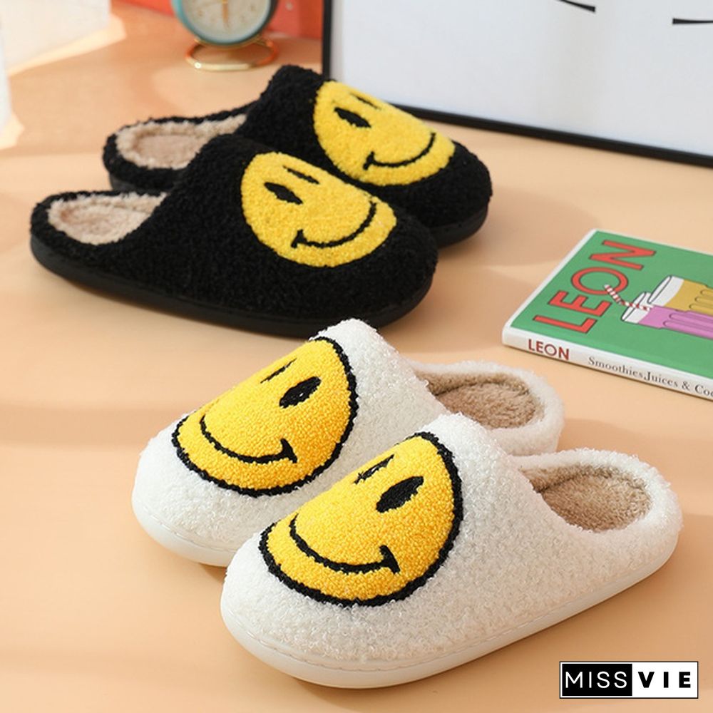 Winter House Girls Fur Slippers Cute Smiley Pattern Women Fluffy Warm Bedroom Ladies