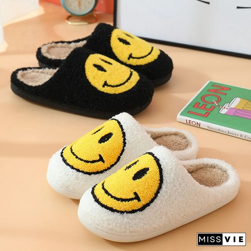 Winter House Girls Fur Slippers Cute Smiley Pattern Women Fluffy Warm Bedroom Ladies