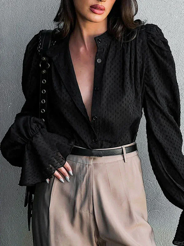 Flared Sleeves Loose Jacquard Pleated Solid Color Split-Joint Stand Collar Blouses