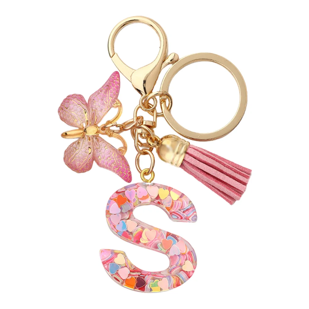 Resin Initial Letter Keychains Alphabet Letter Keychain Pink Tassel Butterfly Key Ring