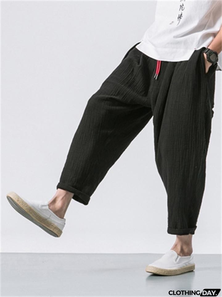 Men's Casual Loose Fashion Solid Color Linen Cropped Pants