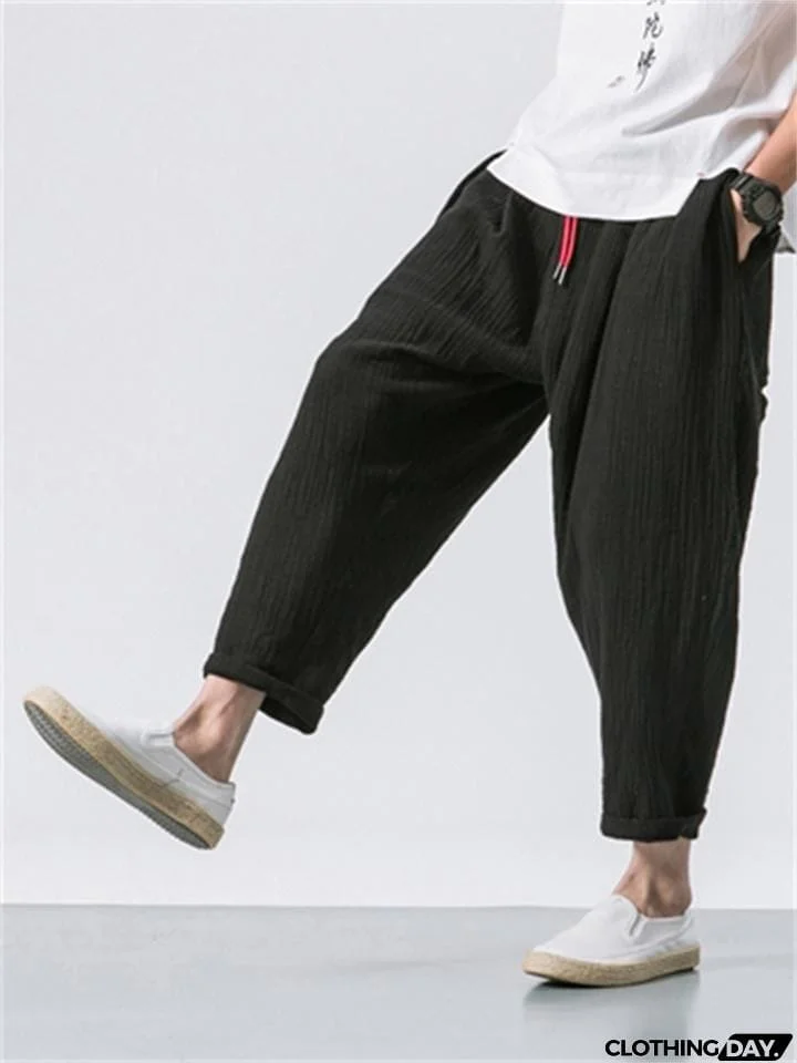 Men's Casual Loose Fashion Solid Color Linen Cropped Pants
