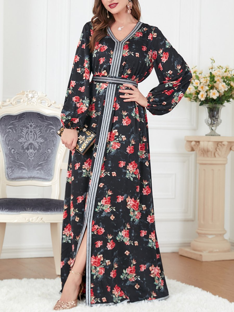 Rose Pattern Bind Design Long Sleeve V Neck Elegant Gown | Oxredo Shop Ramadan Sale