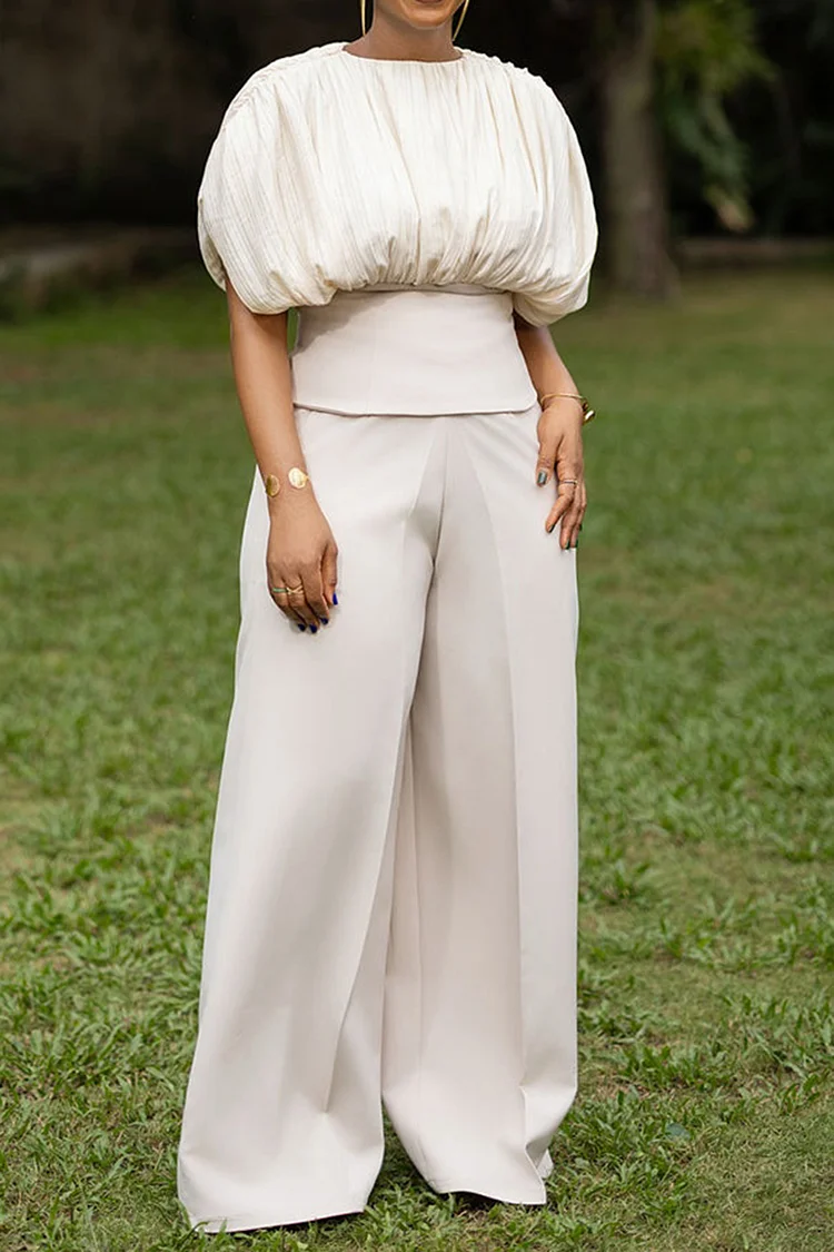 Plus Size Business Casual White Elegant Round Neck Pleated Tummy Control Two Piece Pant Sets [Pre-Order] 2024 - Xpluswear