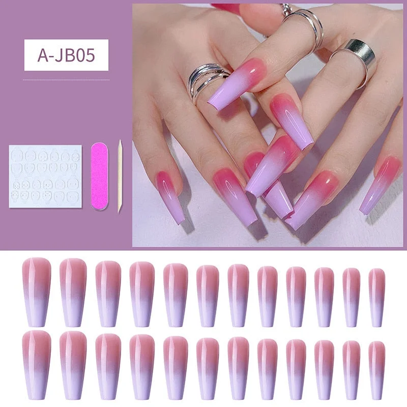 24pcs/box Artificial Nails With Glue Mid-length Fake Nails Gradient Wear Nail Stickers Finished Fake Nails Press On Nails Coffin-Nail Inspo