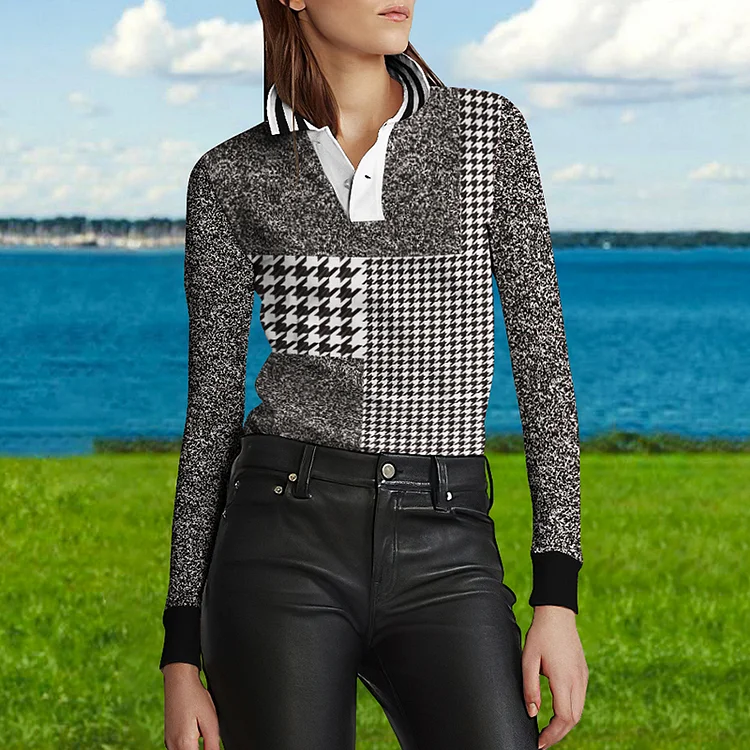 Vefave Stand Collar Houndstooth Stitching Long Sleeves POLO Shirt