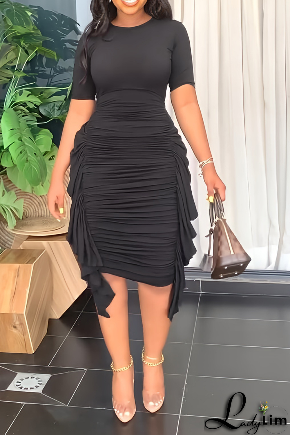 Yellow Fashion Solid Flounce Fold O Neck Pencil Skirt Dresses