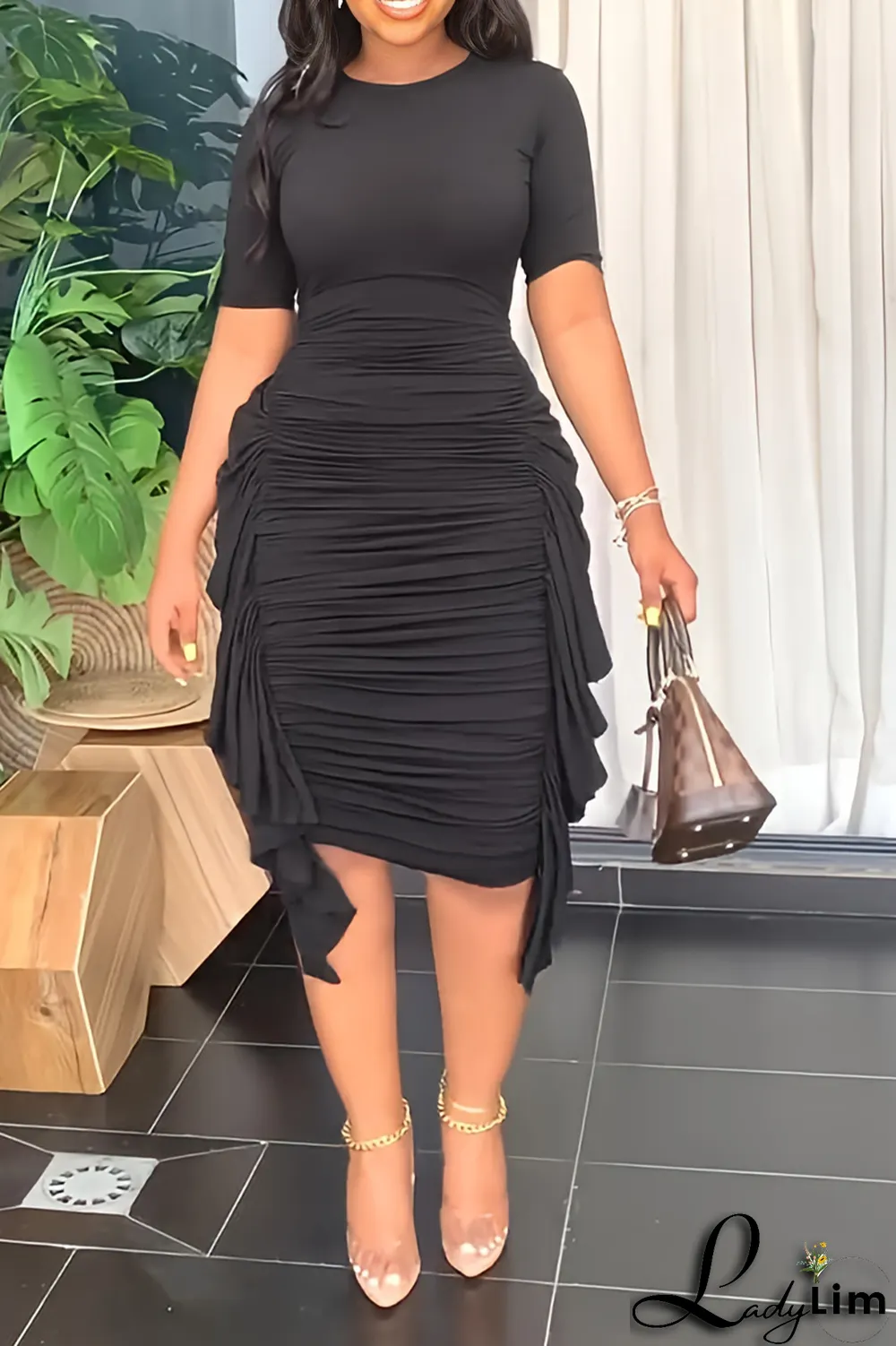 Yellow Fashion Solid Flounce Fold O Neck Pencil Skirt Dresses
