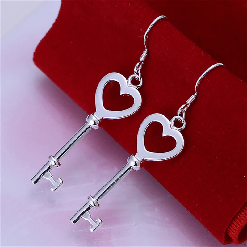 DOTEFFIL 925 Sterling Silver Heart Key Drop Earrings For Woman Jewelry
