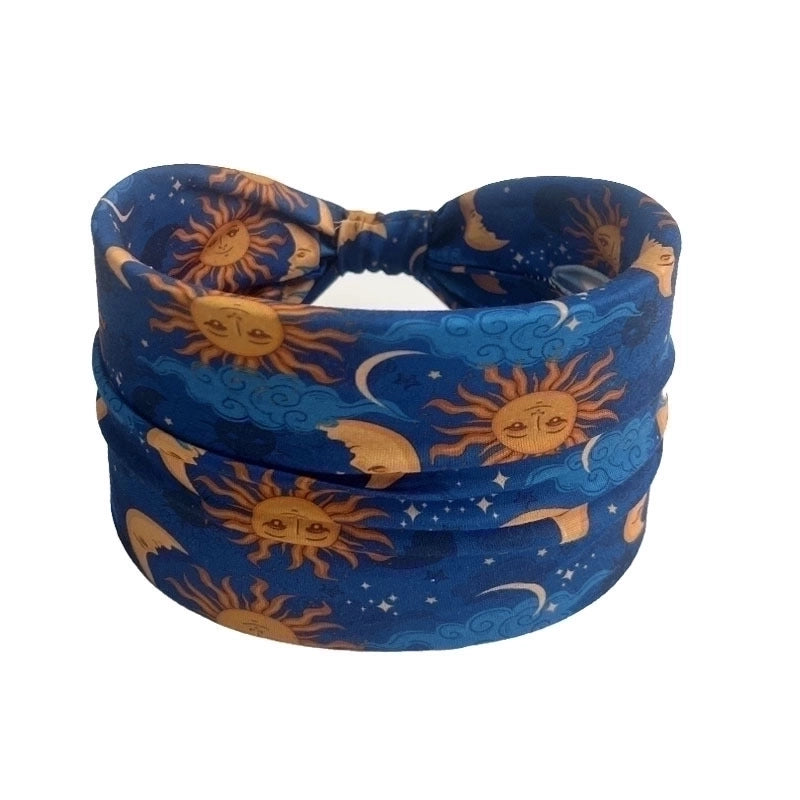 Moon Sun Pattern Printed Wide Side Headband Not Slippery Knotted Hair Band Fashion Female Girl’s Headwear