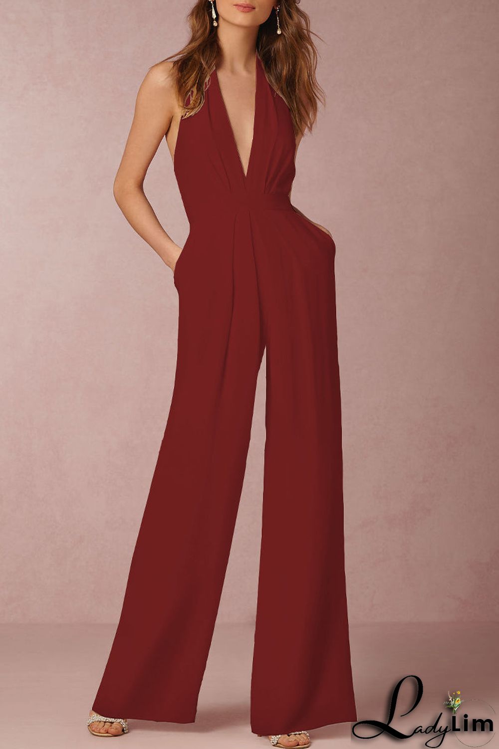 Sexy Elegant Solid Backless Fold V Neck Regular Jumpsuits(12 Colors)