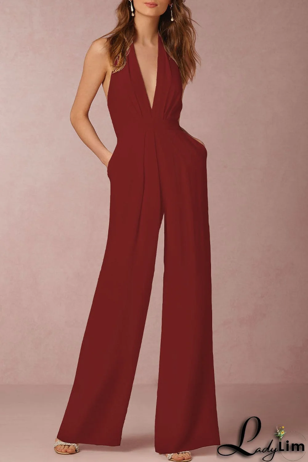 Sexy Elegant Solid Backless Fold V Neck Regular Jumpsuits(12 Colors)