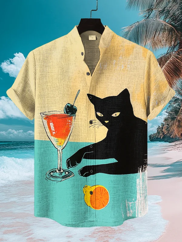 Men's Black Cat And Cocktail Art Print Casual Shirt