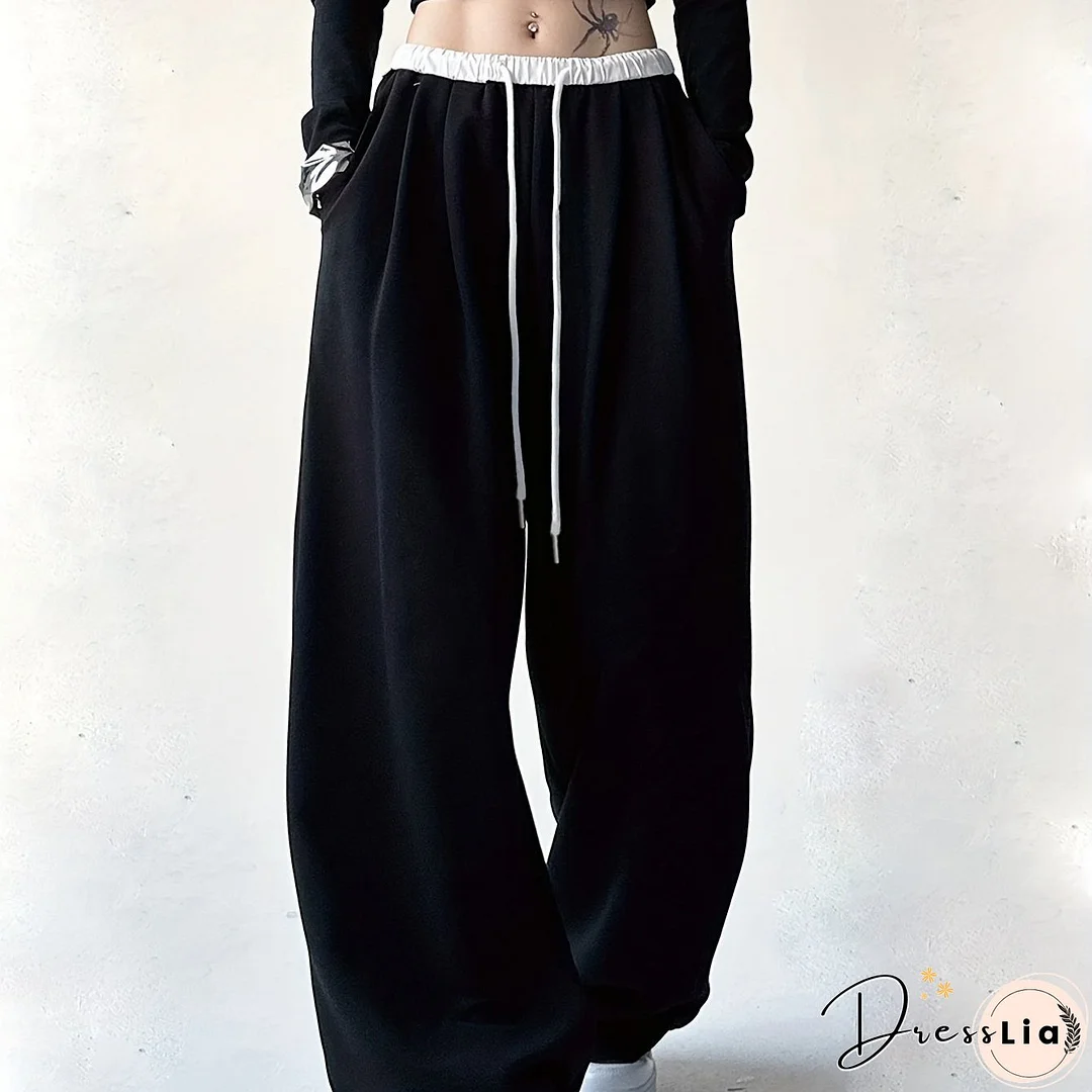 Color Block Wide Leg Pants, Casual Drawstring Loose Slant Pockets Pants For Spring & Fall, Women's Clothing
