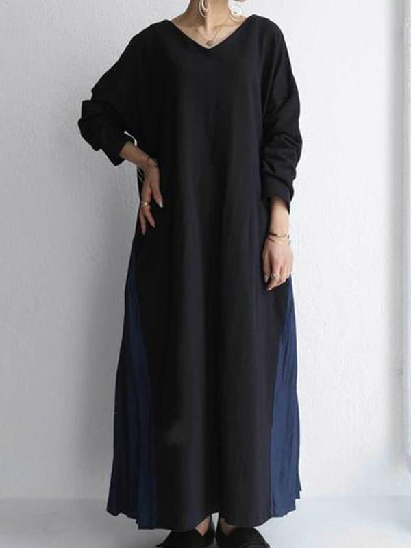 Simple Solid Color Splicing Loose V-Neck Long Sleeve Dress