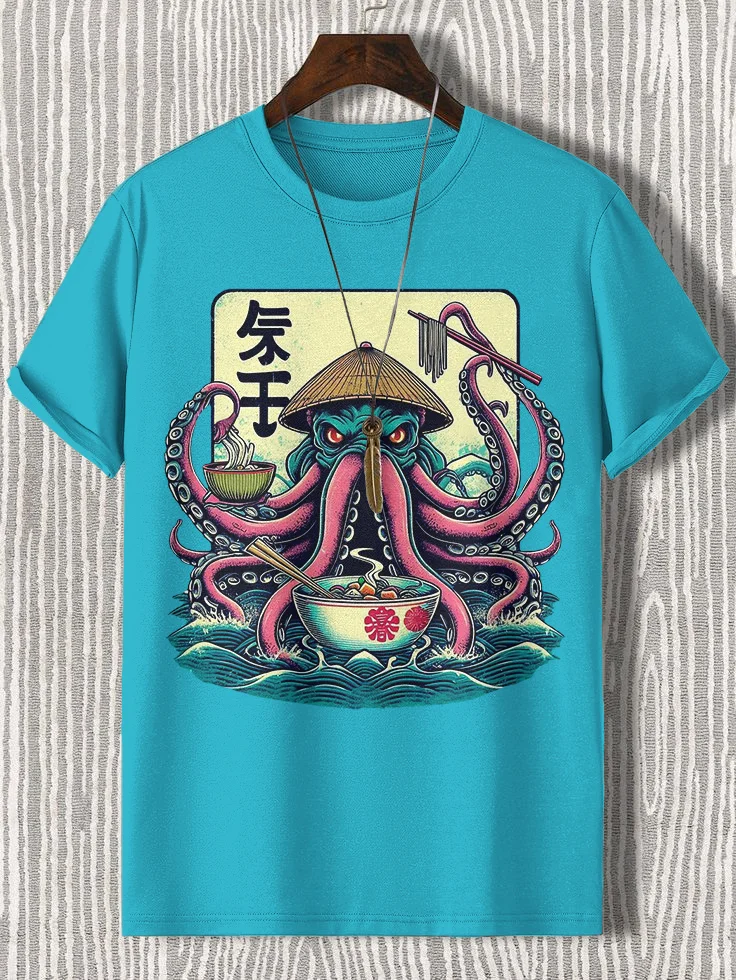Men's Octopus Eating Ramen Japanese Art Print Cotton Casual T-Shirt