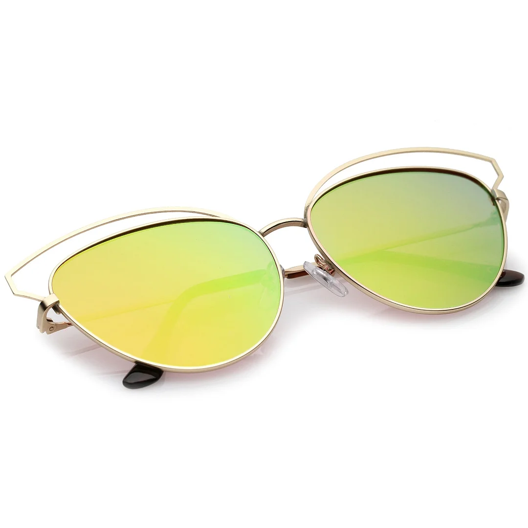 Women's Open Metal Frame Colored Mirror Oversize Cat Eye glasses 58mm