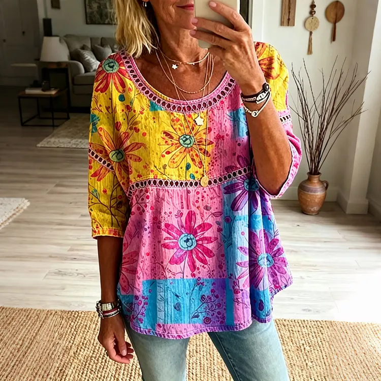 Women's Vintage Floral Hippie Vibes Art Print Flowy Linen Blend  Linen Tops