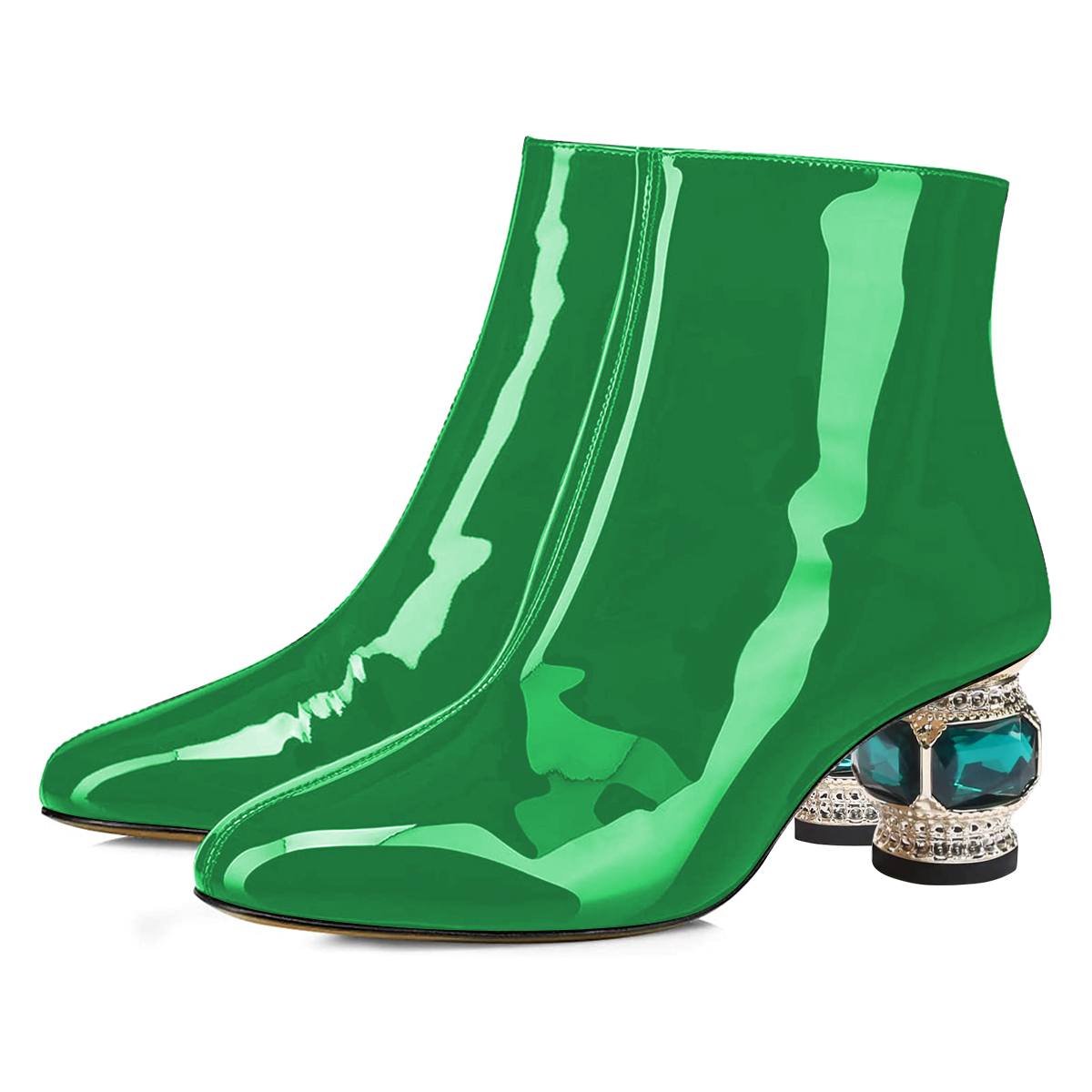 Green Metallic Pointed Toe Decorative Heeled Side-Zip Ankle Boots Nicepairs