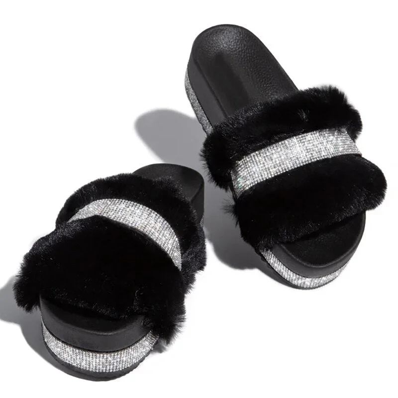 Luxury Designer Women Fur Rhinestone Slippers Platform Wedges Heel Solid Fluffy Furry Slides Outside Sexy Shoes Ladies Sandals
