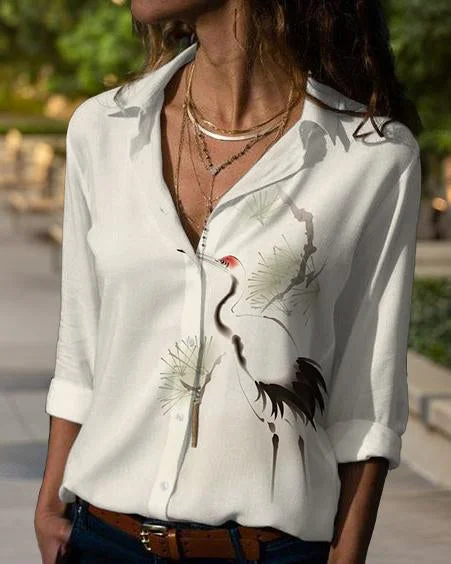 Japanese Art Crane Long Sleeve Blouse