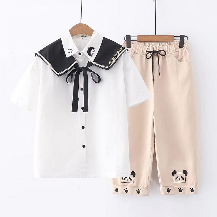 Lace Up Sailor Collar T-Shirt Panda Embroidery Pants Set - Modakawa Modakawa