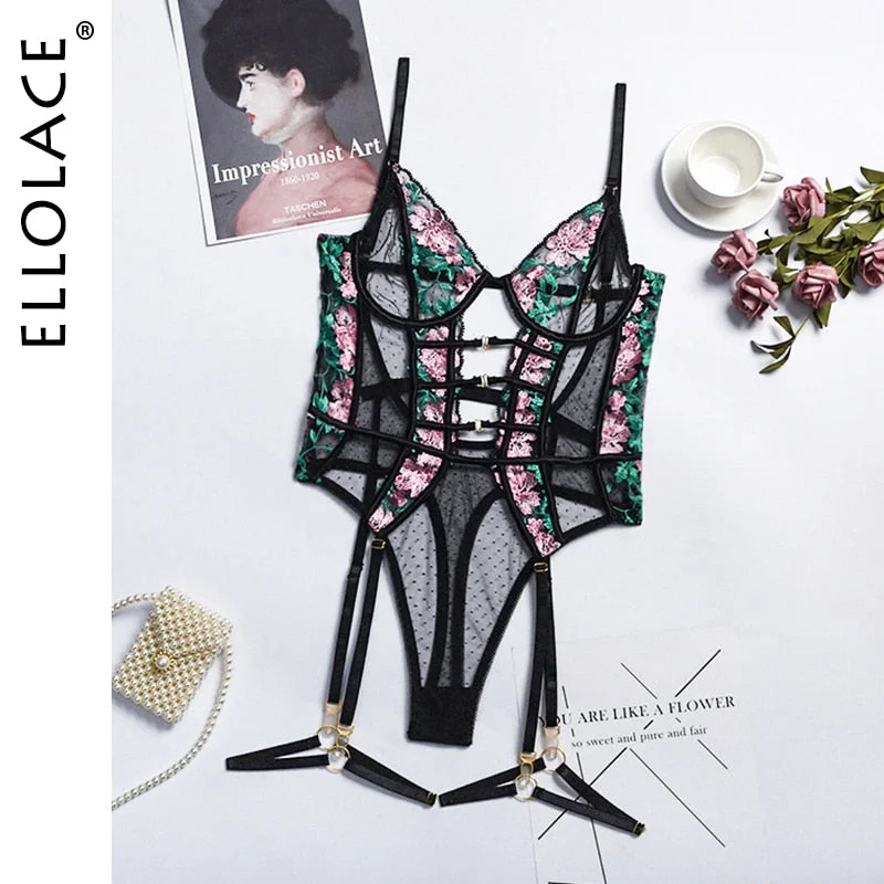 Ellolace Sexy Transparent Bodysuit with Bones Hollow Out Bodycon Erotic Bodies Floral Sleeveless Black Top Lace String Bodys