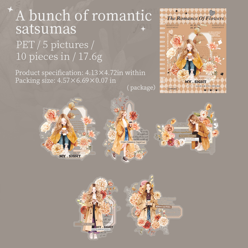 Journalsay 10 Sheets The Romance of A Bouquet Series Vintage Character Flower Landscape PET Sticker