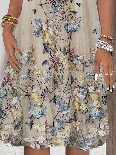 Women's Short Sleeve V-neck Floral Printed Lace Stitching Midi Dress