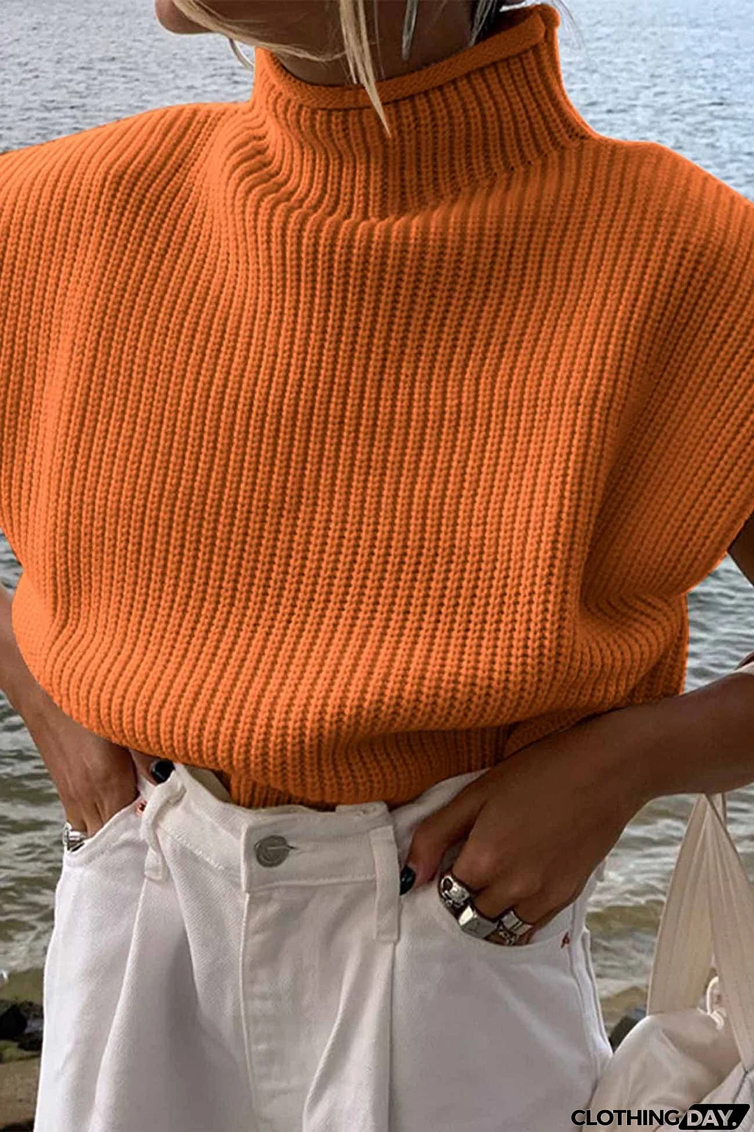 Solid Mock Neck Sleeveless Sweater