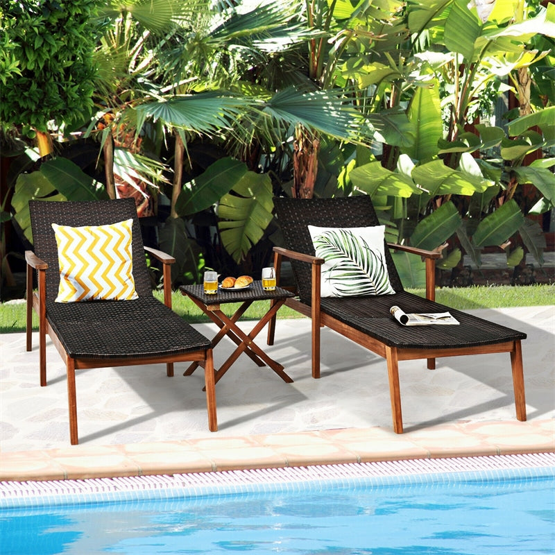 3 Piece Wicker Outdoor Lounge Chair Set Acacia Wood Chaise with Folding Side Table