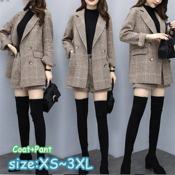 Winter Plaid Two Piece Suits Outfits Women Plus Size Long Sleeve Suit And Shorts Sets Office Elegant Fashion Office Sets
