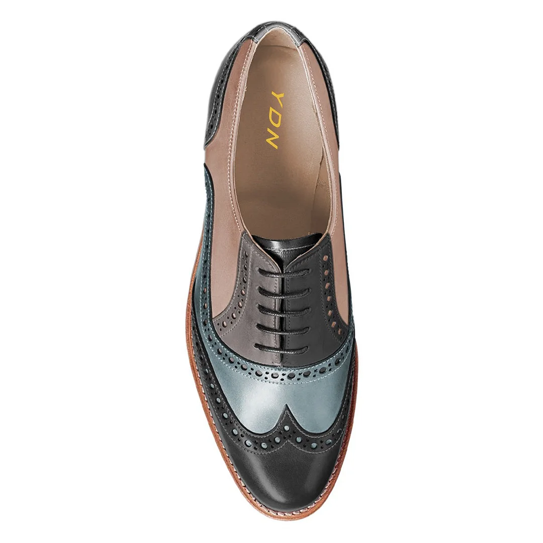Multicolor Round Toe Perforated Patterns Lace-Up Women's Oxfords
