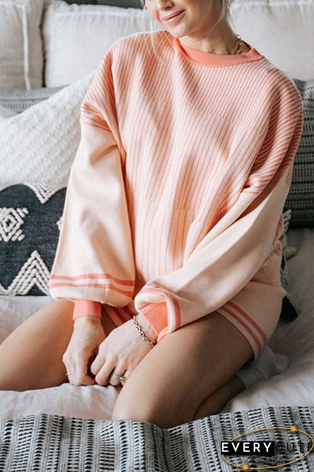 Gradient Stripe Puff Sleeve Sweater Shorts Set