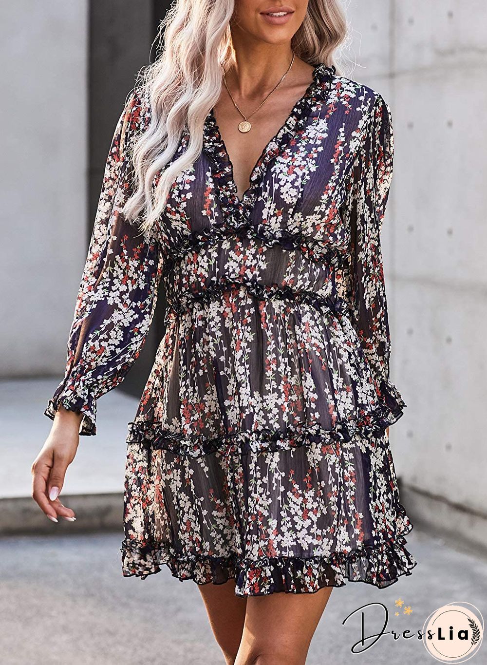 Ditsy Floral Prints Ruffle Edge Tiered Long Sleeve Boho Dress