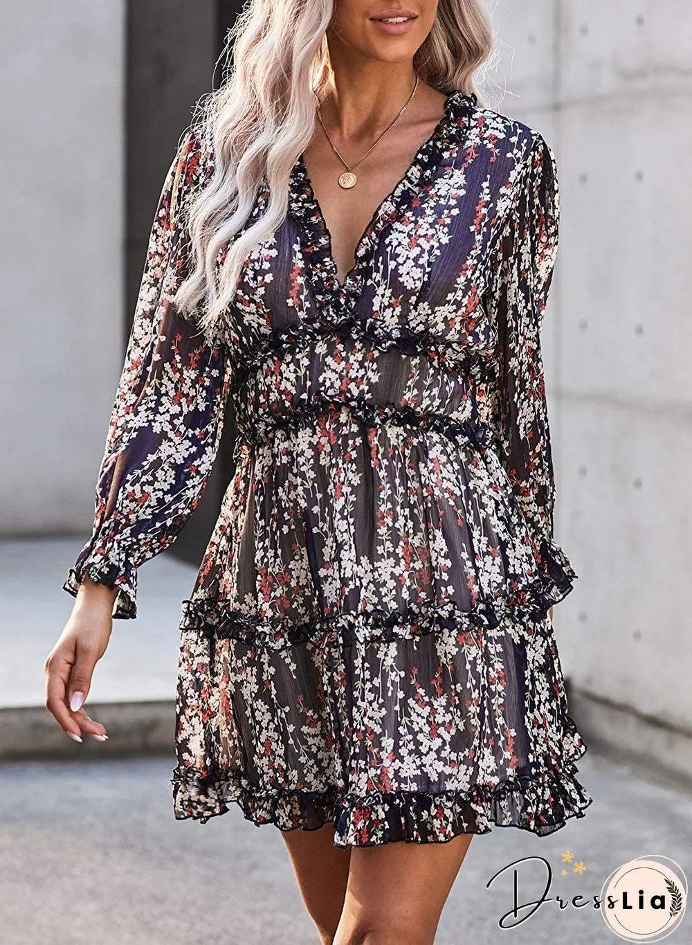 Ditsy Floral Prints Ruffle Edge Tiered Long Sleeve Boho Dress