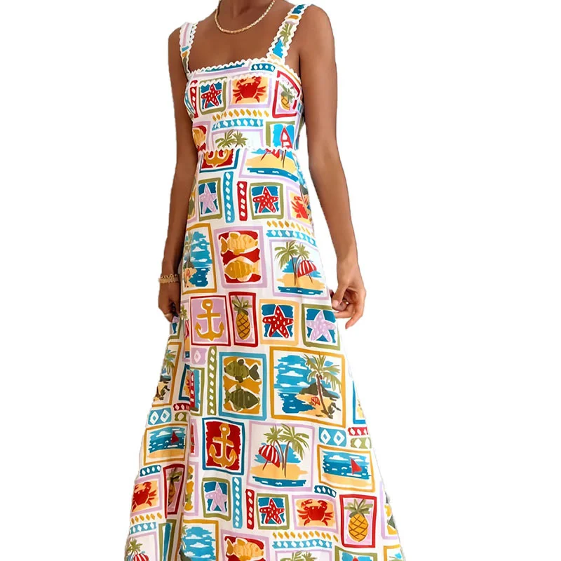 Nigikala Nigikala Women's Wear 2024 Fashion Personality Graffiti Sling With Breast Temperament Large Hem Dress Female