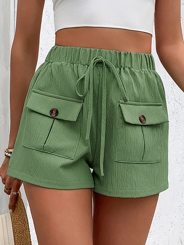 Buttoned Drawstring Elasticity Pockets Solid Color High Waisted Loose Shorts Bottoms