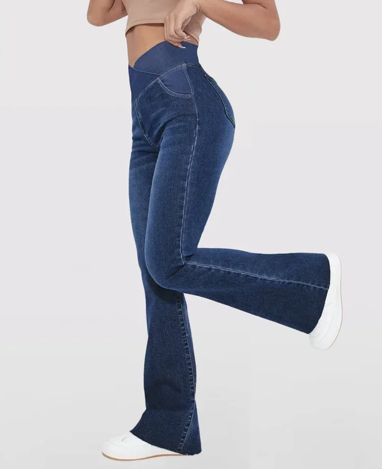 Stretchy Denim High Waisted Crossover Flare Pants (Buy 2 Free Shipping)