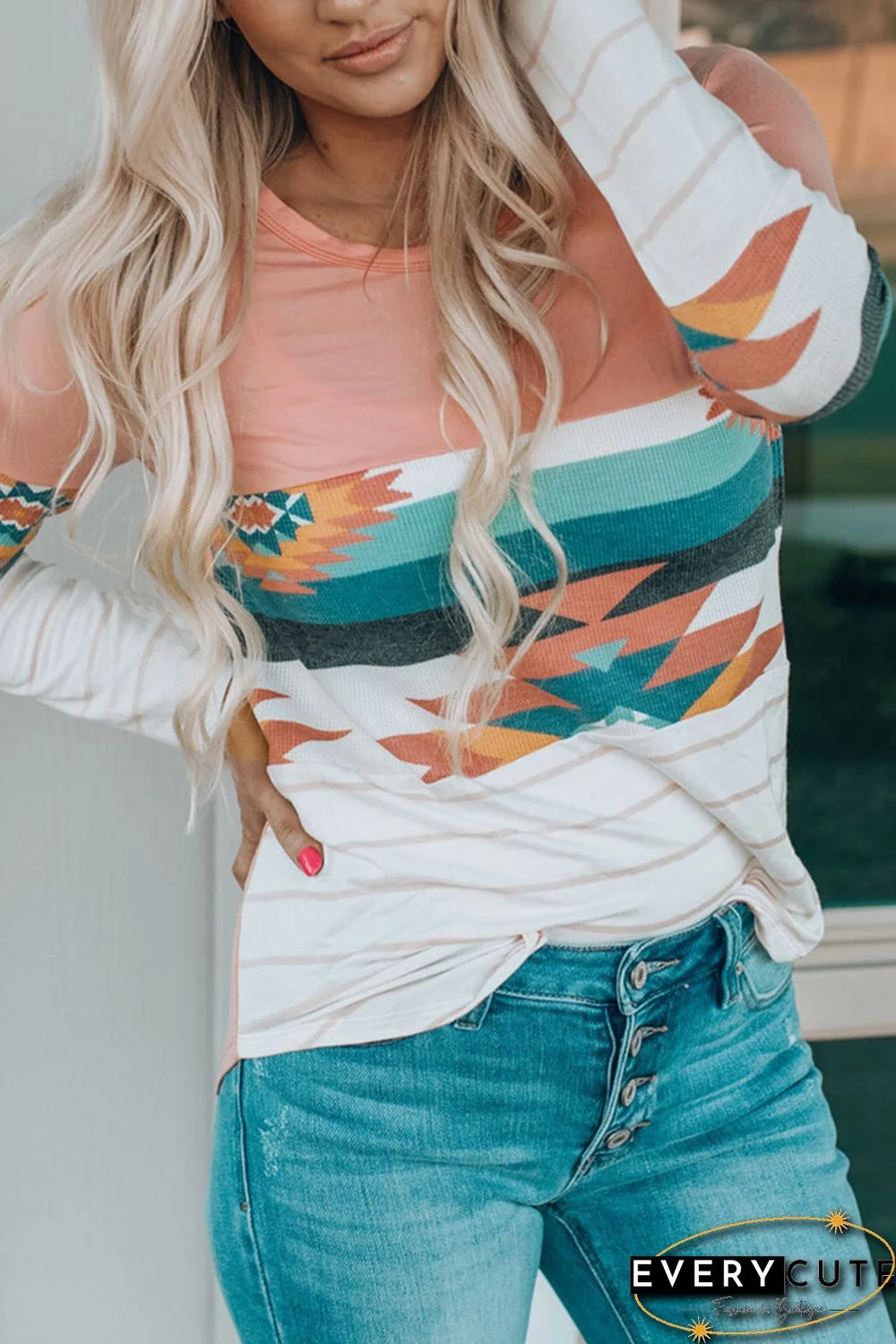 Pink Aztec Stripe Color Block Slim Fit Long Sleeve Top