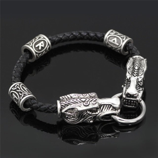 YOY-Vintage Tiger Head Viking Rune Bead Leather Bracelets