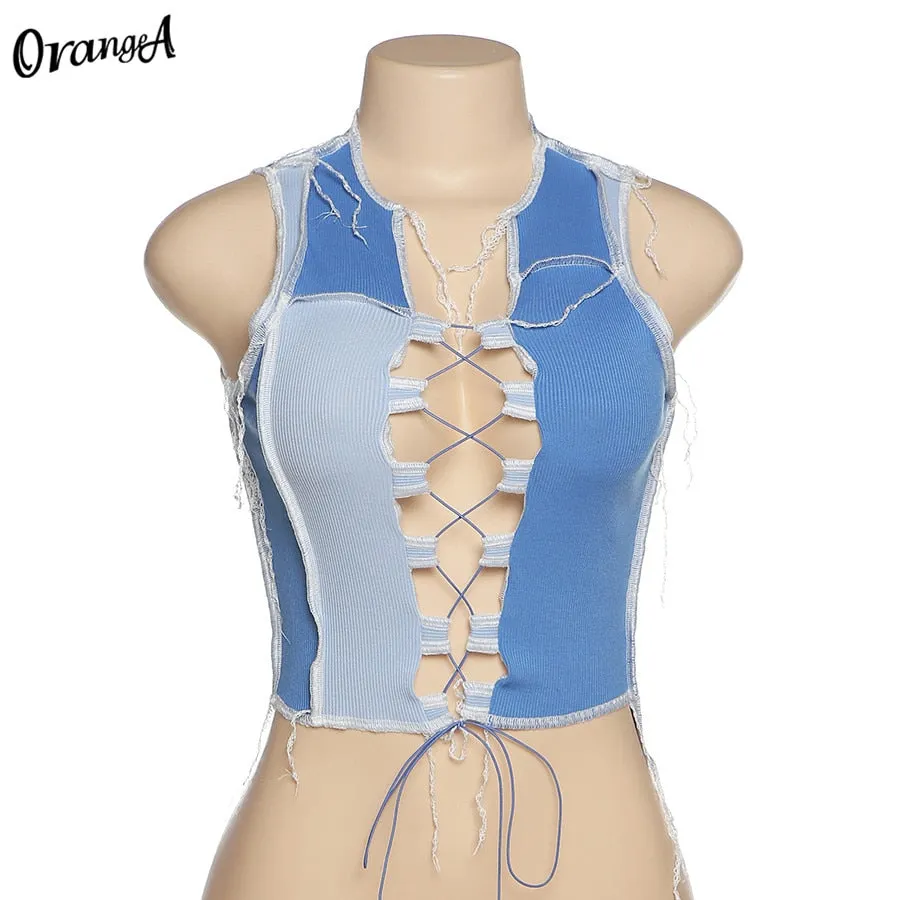 OrangeA Women Hollow Sexy Ribbed Tank Tops Club Bandage v-Neck Sleeveless Drawstring Stretchy Clubwear Patchwork Asymmetry Vest
