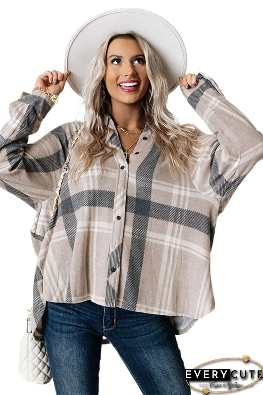 Khaki High Low Brushed Plaid Oversize Shirt