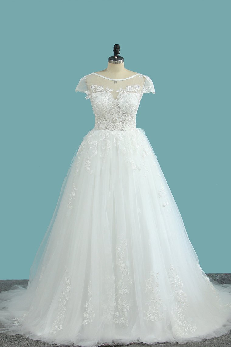 Stylish A-Line Lace Backless Floor-length Bateau Wedding Dress With Tulle Appliques | Ballbellas Ballbellas