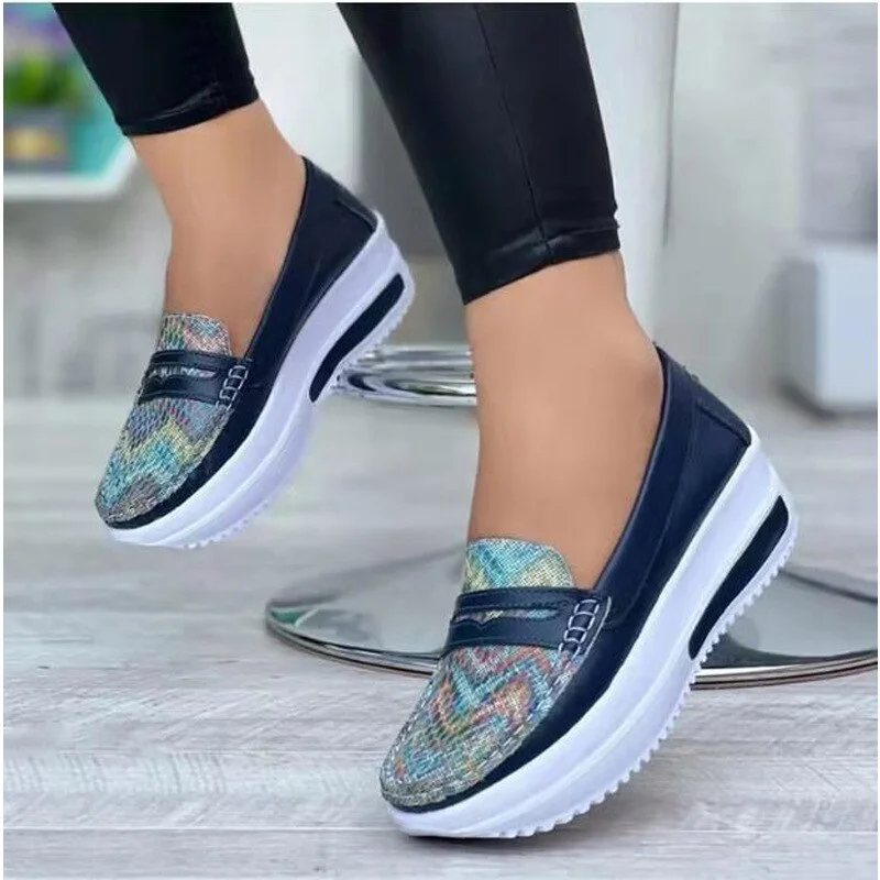 Qjong 2022 fashion round toe low top wedge platform sneakers comfort Non slip women loafers plus size 43 flat casual shoes of women
